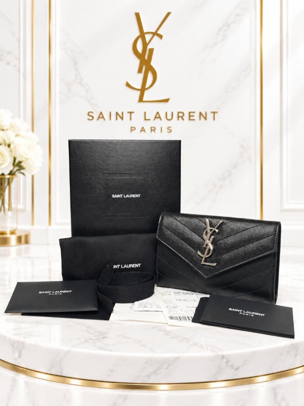 Saint Laurent YSL Black Leather Envelope Wallet Silver Cassandre Logo